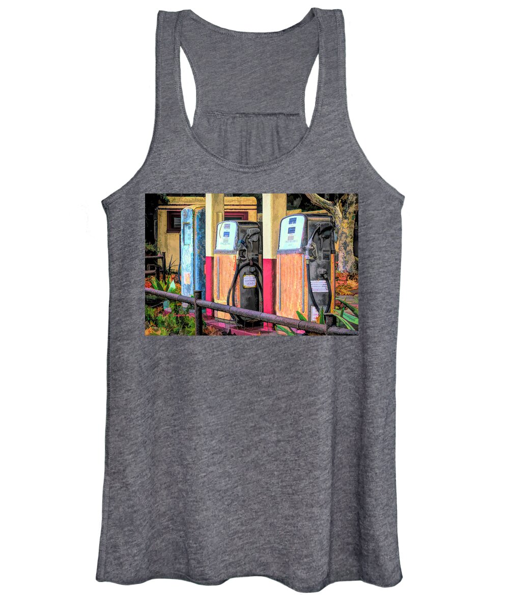 Abstract Gas Pumps Los Alamos California Women's Tank Top featuring the photograph Antique Gas Pumps at The Station by Barbara Snyder