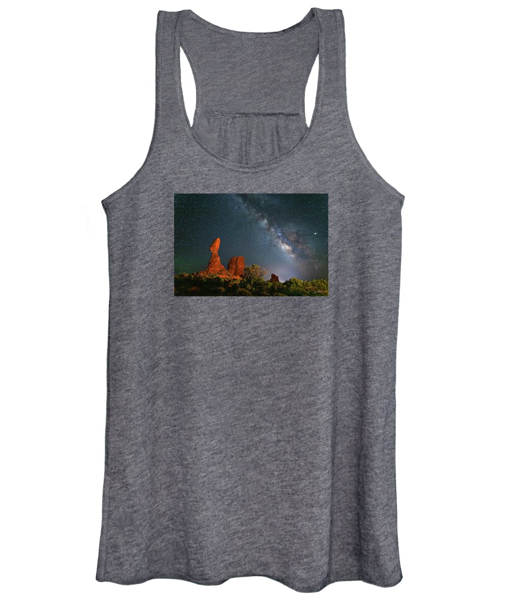 Arches National Park Women's Tank Top featuring the photograph August Milky Way at Balanced Rock by Dan Norris
