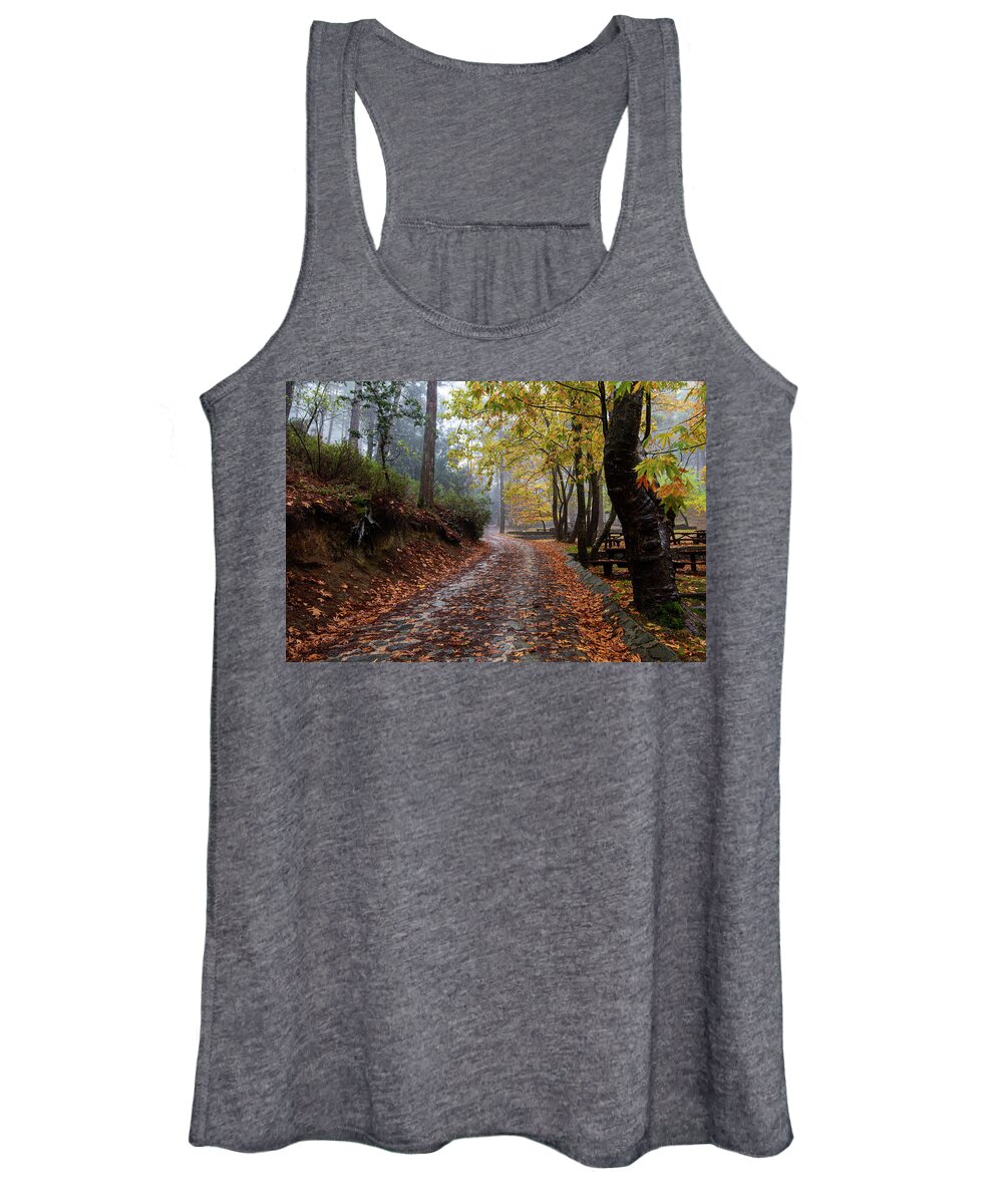 Autumn Women's Tank Top featuring the photograph Autumn landscape with trees and Autumn leaves on the ground after rain by Michalakis Ppalis