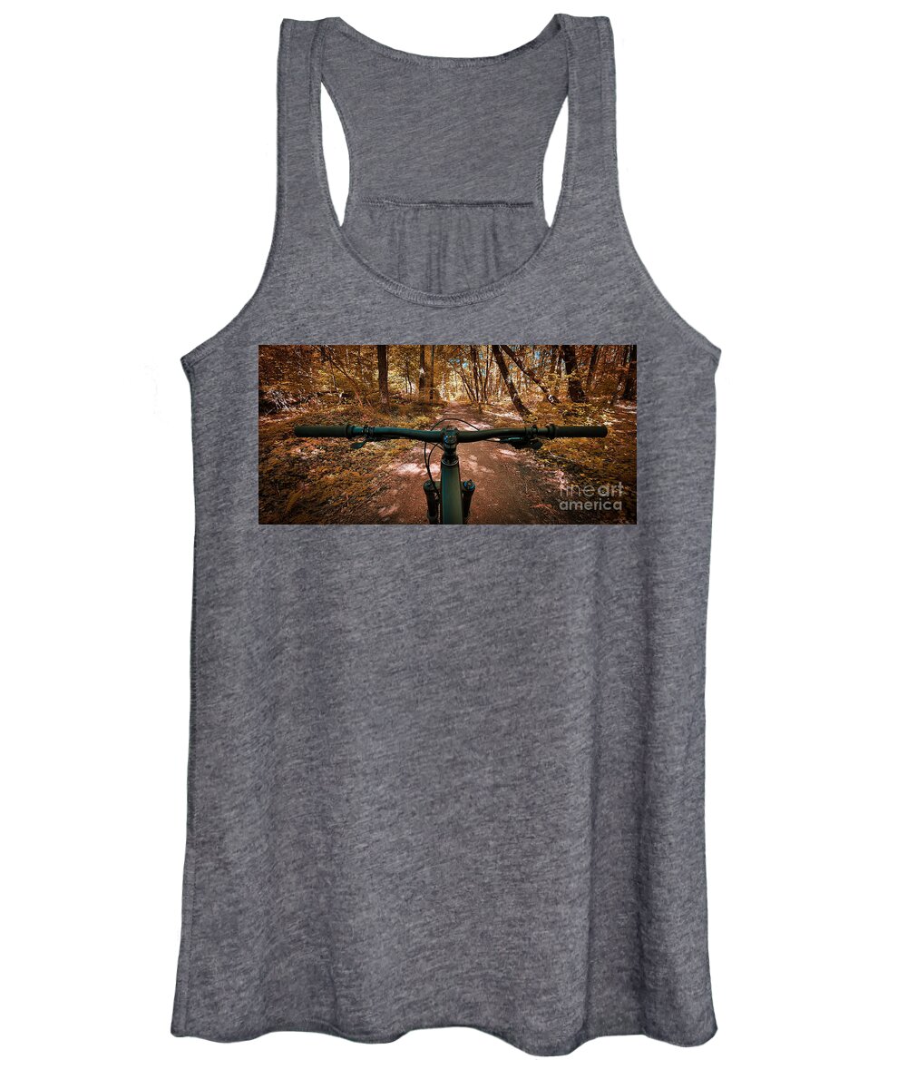 Trail Women's Tank Top featuring the photograph Autumn mountain bike trail with handlebars in the foreground by Mendelex Photography
