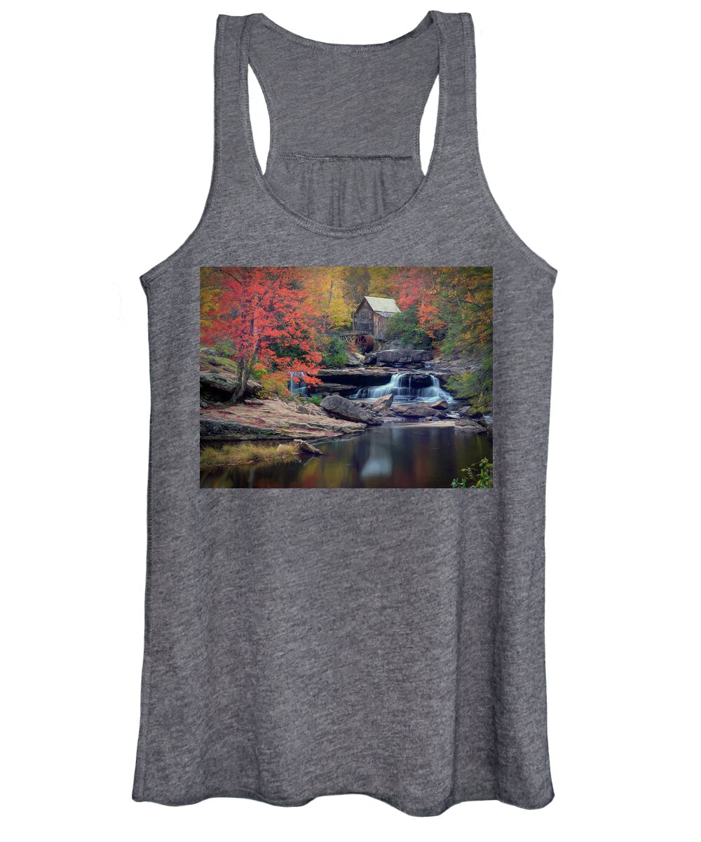 Babcock State Park Women's Tank Top featuring the photograph Autumn Splendor at Glade Creek Gristmill by Jaki Miller