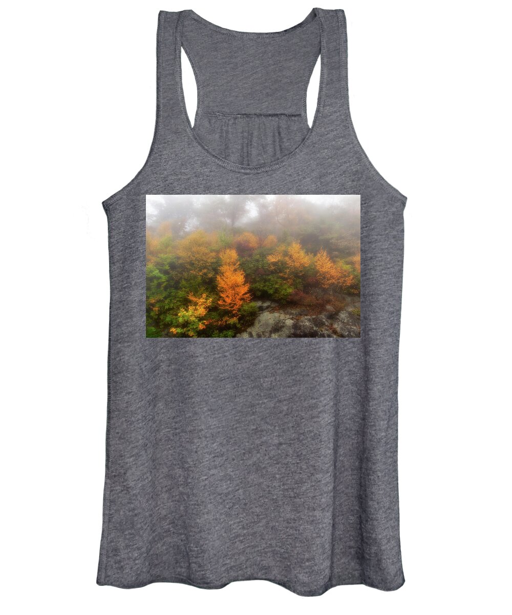 Fall Women's Tank Top featuring the photograph Autumn Trees in Foggy Cliffs by Dan Carmichael