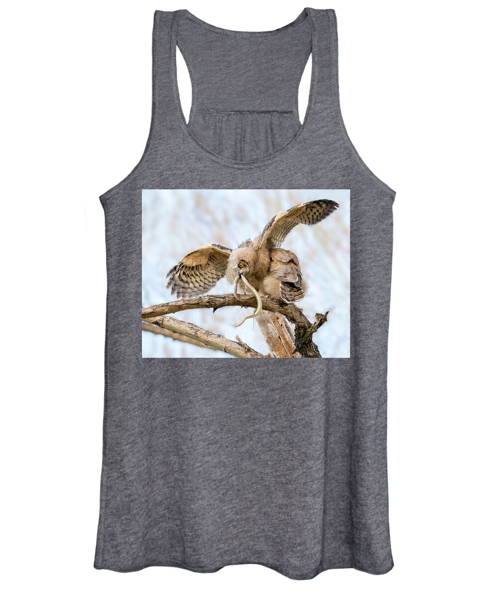 Great Horned Owls Women's Tank Top featuring the photograph Great Horned Owlet with Snake by Judi Dressler