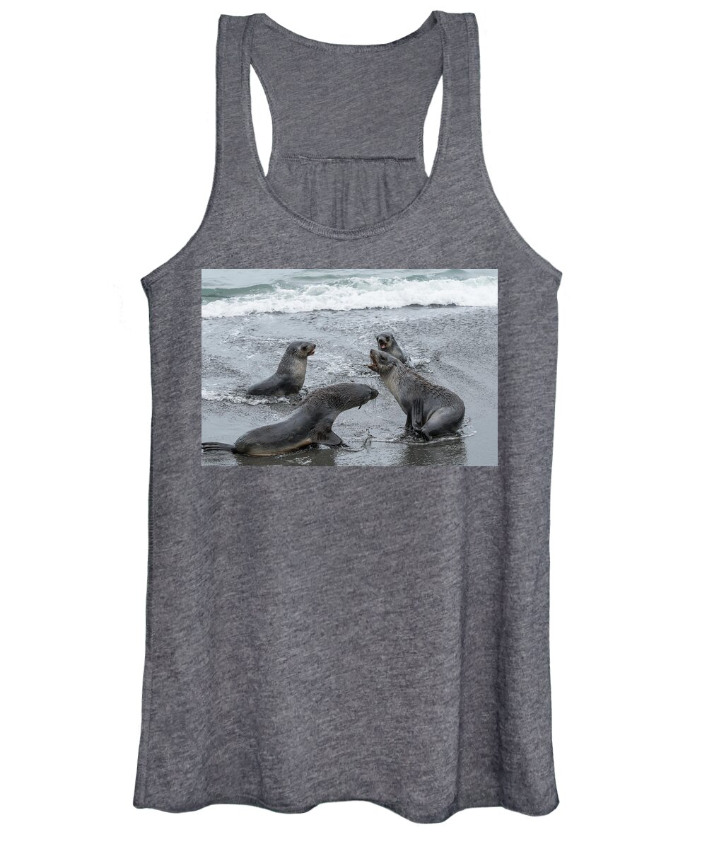 Sea Lion Women's Tank Top featuring the photograph Baby Sea Lions Playing in the Surf by Linda Villers
