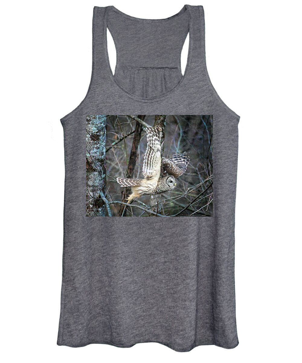 Barred Owl Women's Tank Top featuring the photograph Barred Owl in Flight by Jaki Miller