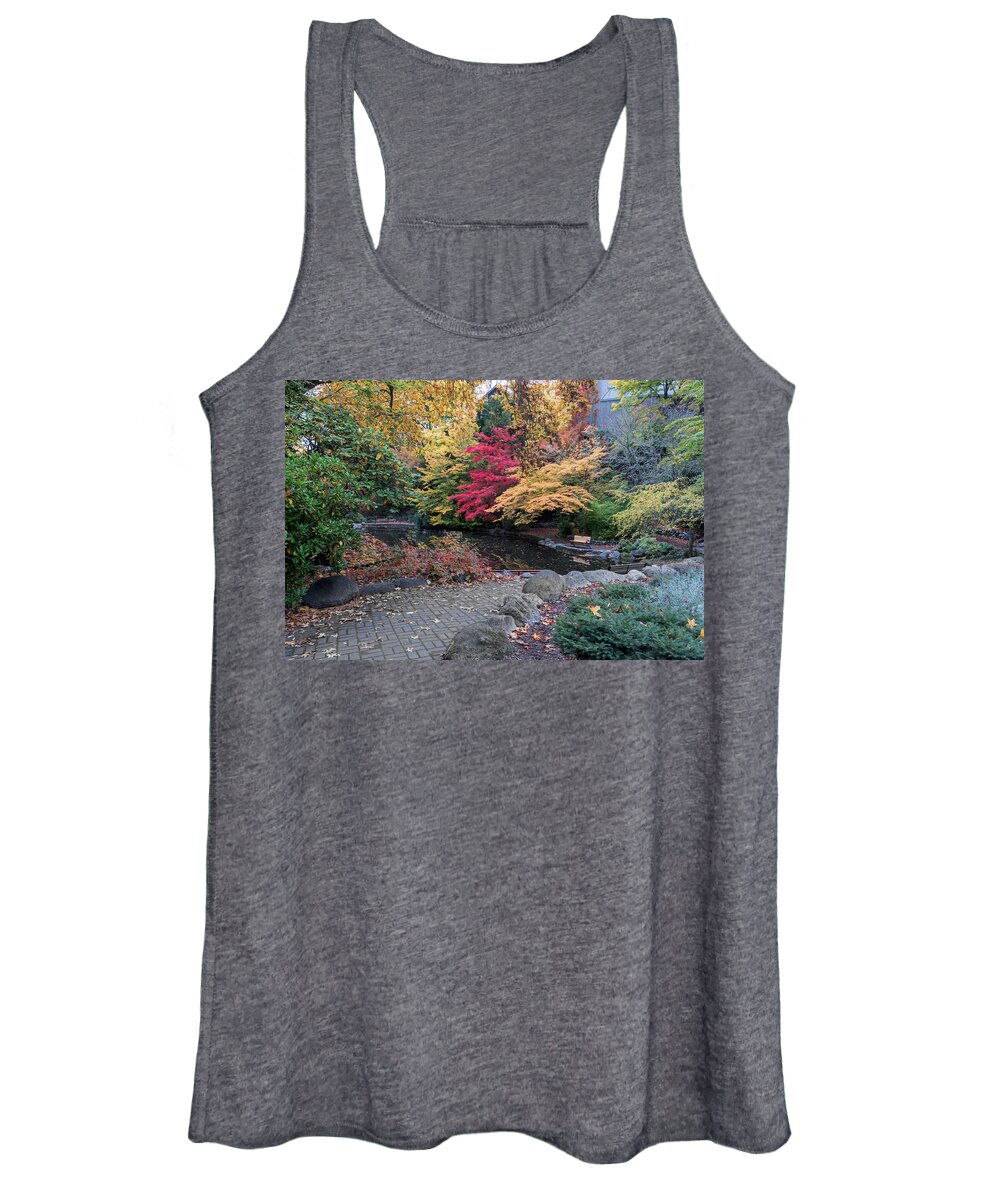 Ashland Women's Tank Top featuring the photograph Bench at Lithia Park by the lake by Alessandra RC