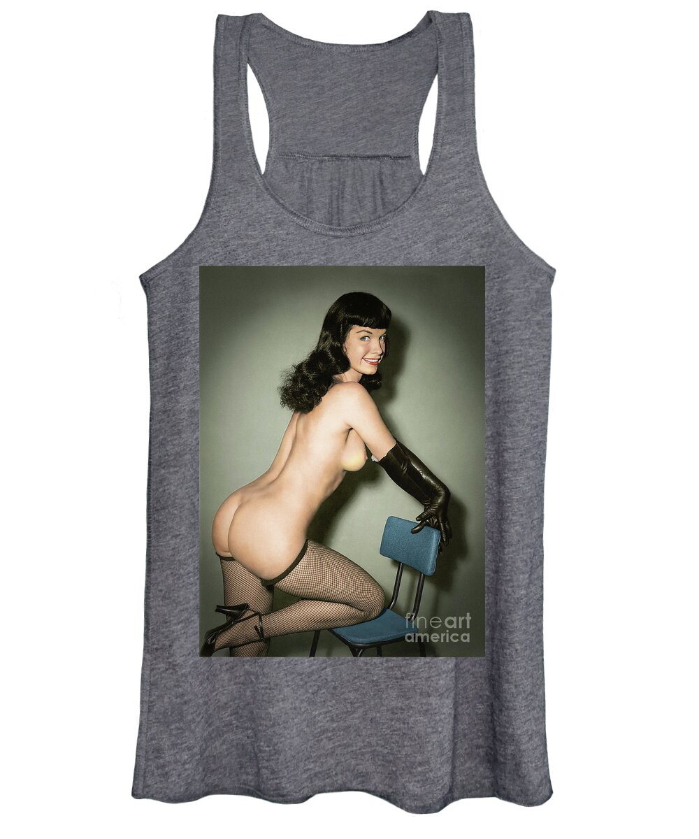 Bettie Page Women's Tank Top featuring the mixed media Bettie Page on the chair by Franchi Torres