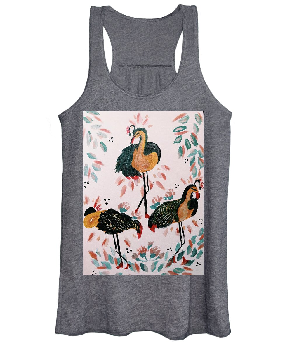 Fun Birds Floral Unique Funky Women's Tank Top featuring the painting Birds that do not fly commercial by Meredith Palmer