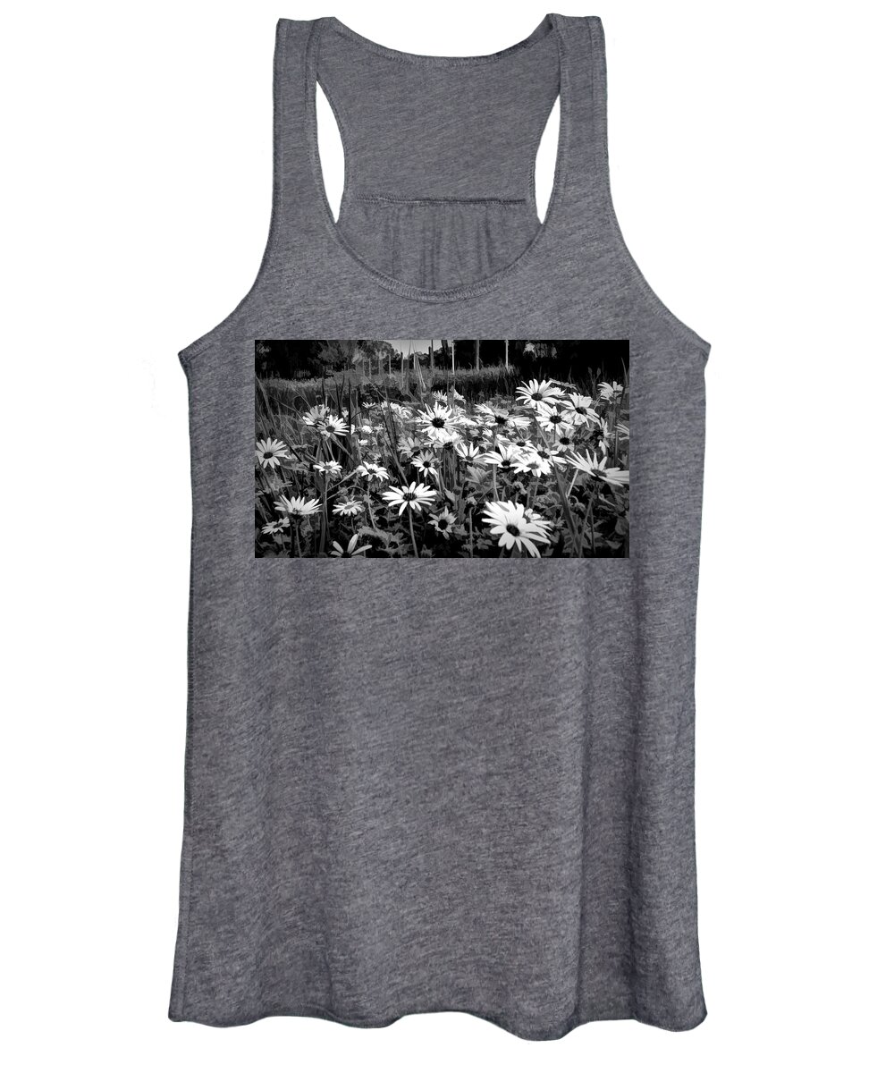 Black And White Women's Tank Top featuring the mixed media Black And White Carpet Of Wild Field Daisies by Joan Stratton