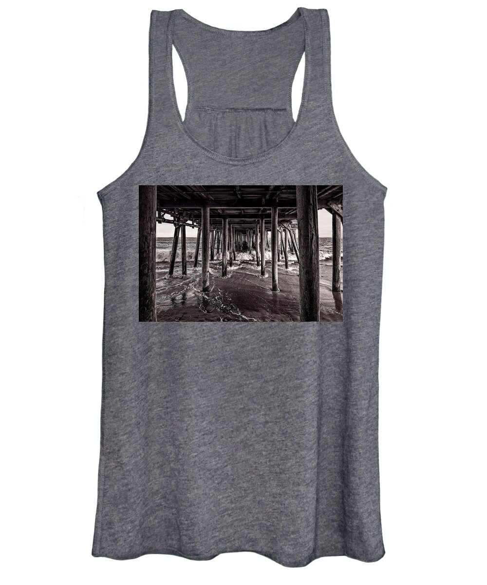 Best Maine Photos Women's Tank Top featuring the photograph Black and White Under the Boardwalk - Old Orchard Beach in Maine by Mitchell R Grosky