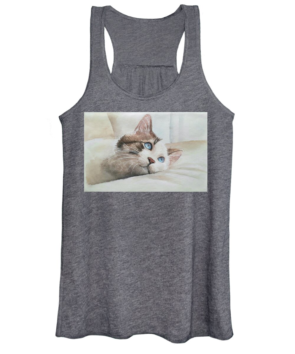 Japanese Paper Women's Tank Top featuring the drawing Blue eyed cat by Carolina Prieto Moreno