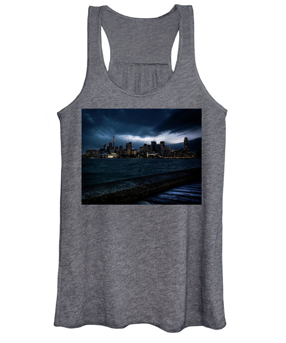 Polson Pier Women's Tank Top featuring the photograph Blur Hour Drama on Toronto Skyline by Dee Potter