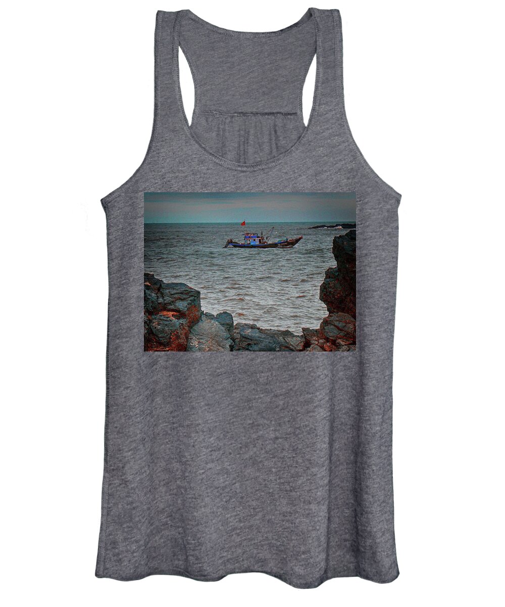 Boat Women's Tank Top featuring the photograph Boat heading for the coast by Robert Bociaga