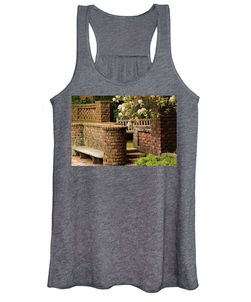 Brick Wall Bench Stairs Flowers Women's Tank Top featuring the photograph Brick Walls1 by John Linnemeyer