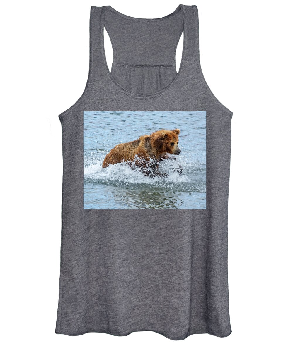 Bear Women's Tank Top featuring the photograph Brown bear hunts for salmon by Mikhail Kokhanchikov