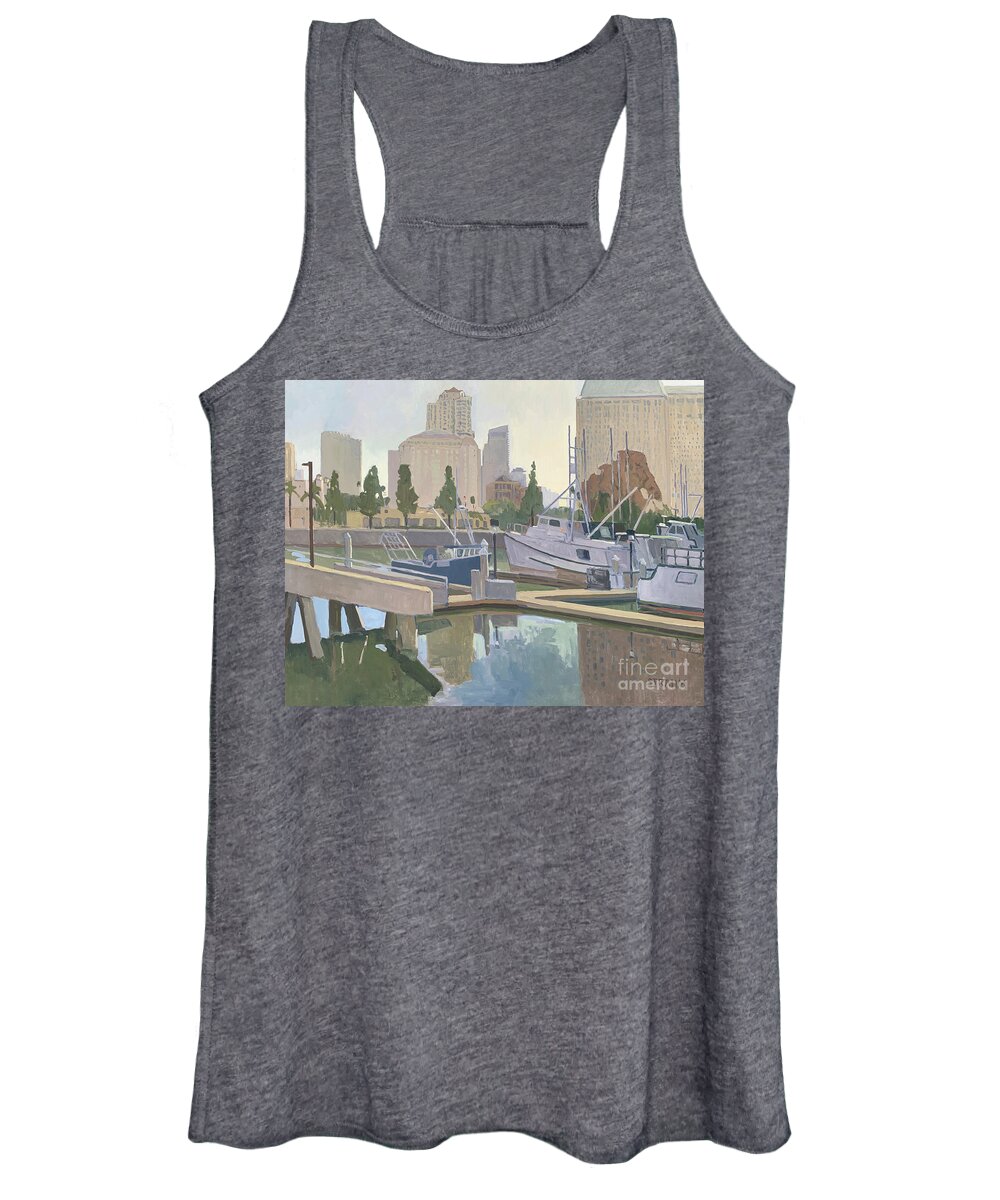 Tuna Harbor Women's Tank Top featuring the painting Calm of Early Morning - Tuna Harbor, San Diego, California by Paul Strahm