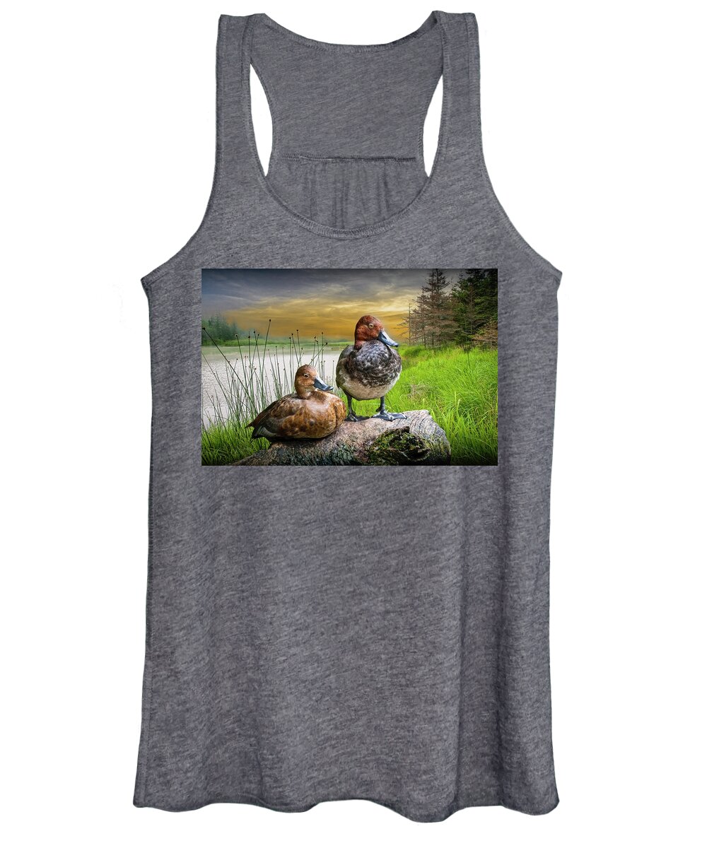 Art Women's Tank Top featuring the photograph Canvasback Duck Pair by a Pond at Sunset by Randall Nyhof