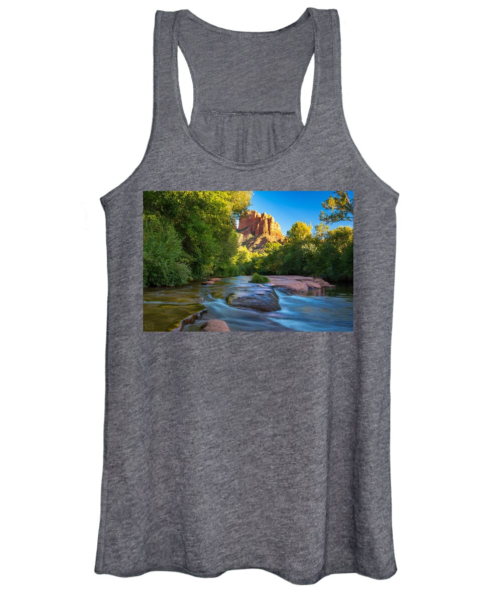 Castle Rock Fstop101 Sedona Arizona Stream Water Red Rock Formations Women's Tank Top featuring the photograph Castle Rock and Stream by Geno