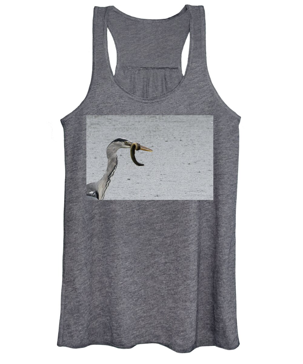 100-400mmlmk2 Women's Tank Top featuring the photograph Catch of the Day Grey Heron with Eel by Wendy Cooper