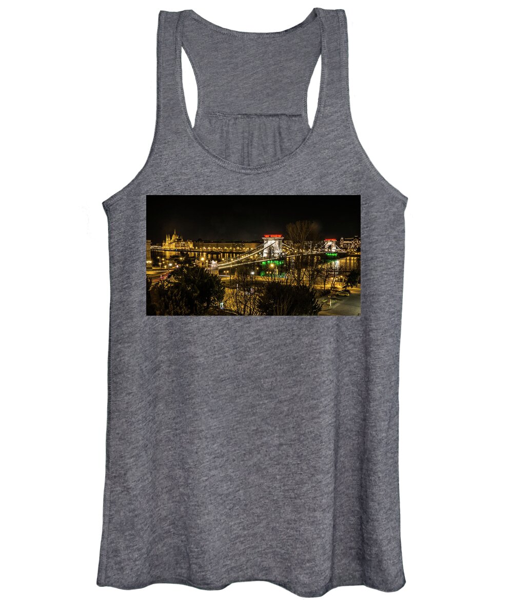 Budapest Women's Tank Top featuring the photograph Chain Bridge lit up as the Hungarian Flag in Budapest by Tito Slack