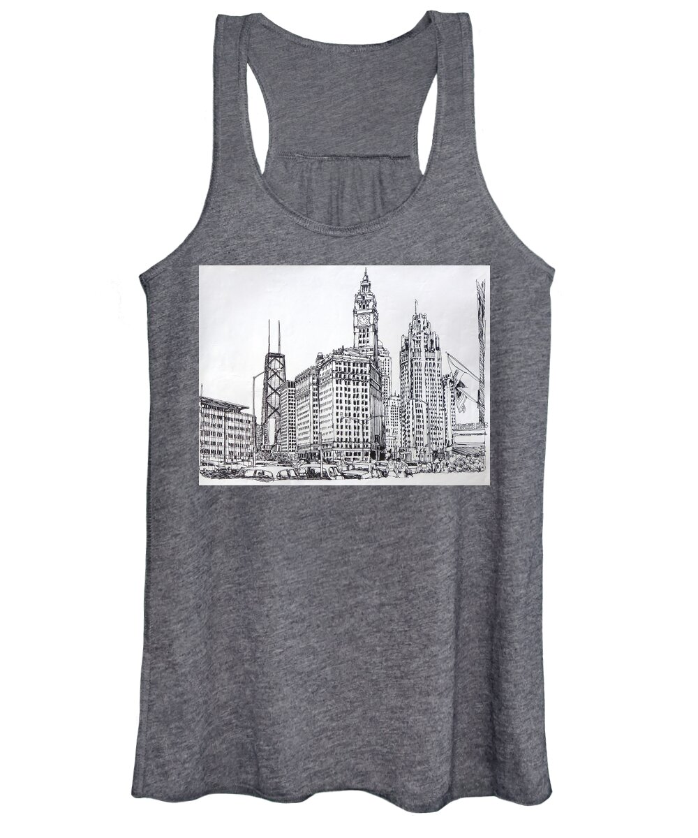 Chicago Downtown - Featuring The Old Sun Times; Hancock; Wrigley And Tribune Women's Tank Top featuring the drawing Chicago Downtown by Robert Birkenes
