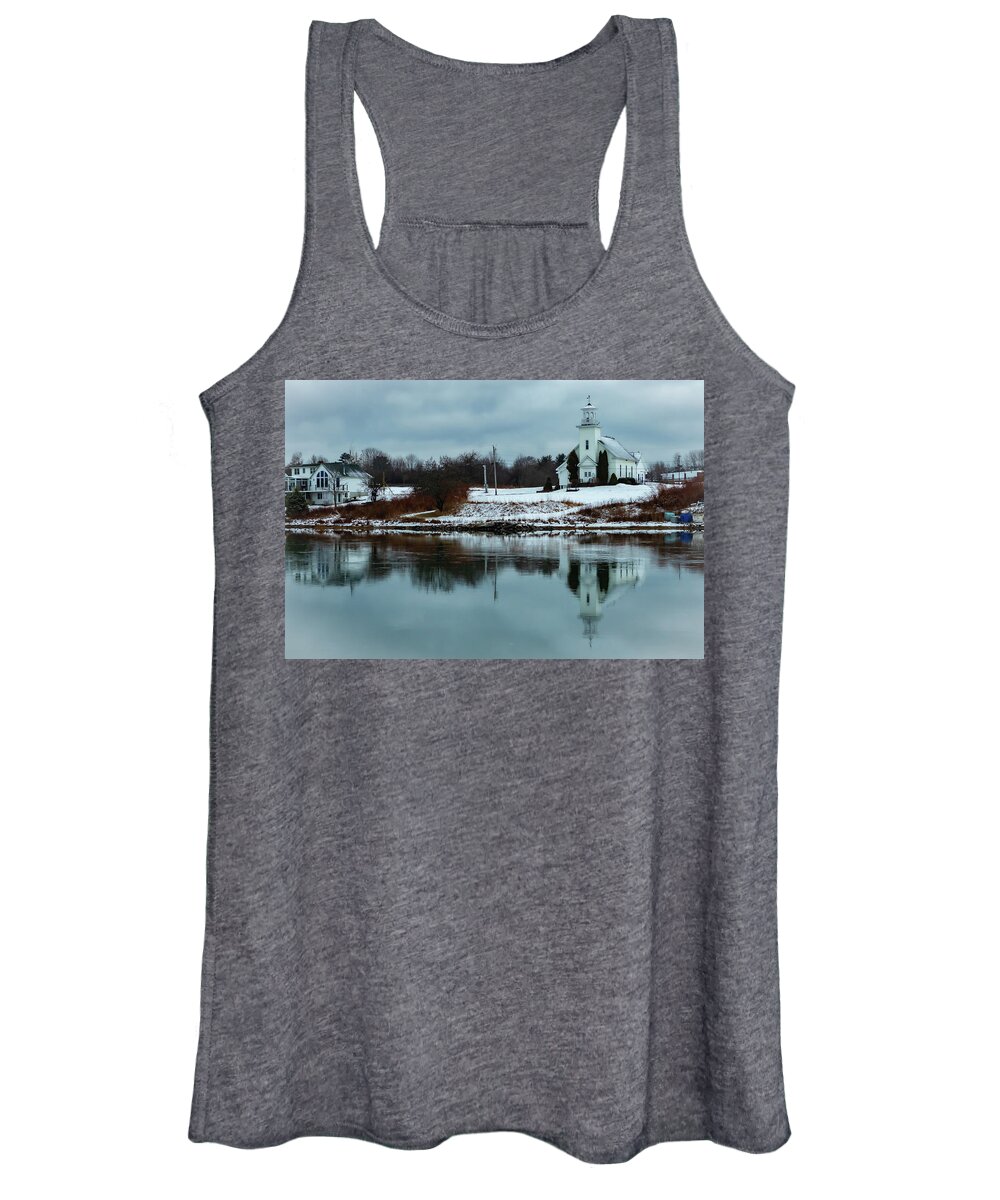 Church Women's Tank Top featuring the photograph Church reflection in Maine by George Kenhan
