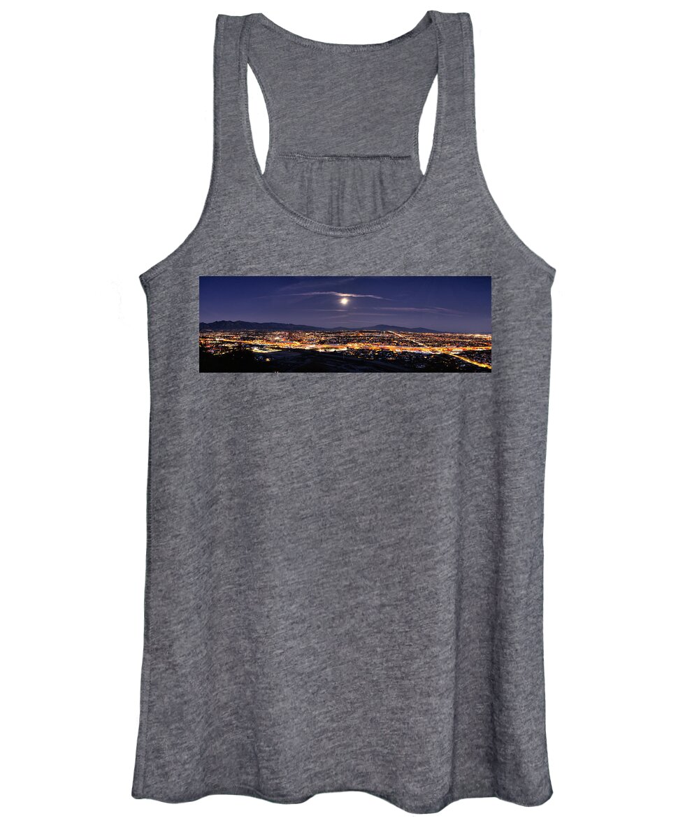 Tucson Women's Tank Top featuring the photograph City lights of Tucson, Arizona skyline and moon panorama by Chance Kafka
