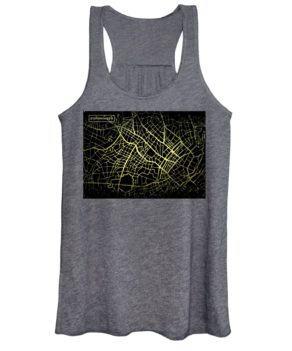 Map Women's Tank Top featuring the digital art Copenhagen Map in Gold and Black by Sambel Pedes