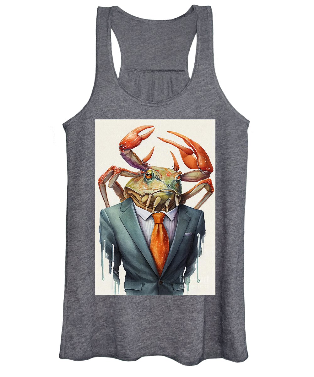 Crab Women's Tank Top featuring the painting Crab in Suit Watercolor Hipster Animal Retro Costume by Jeff Creation