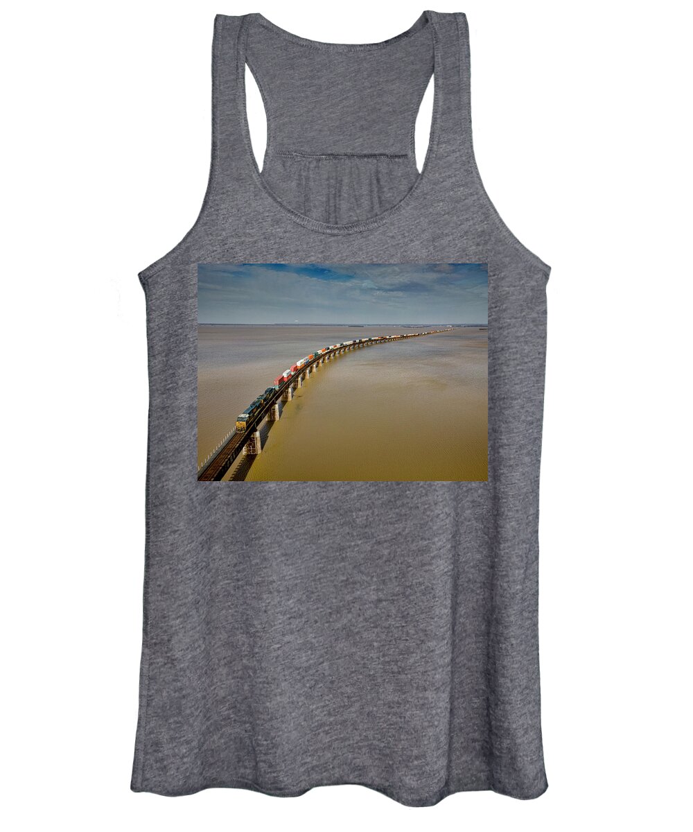 Railroad Women's Tank Top featuring the photograph CSX Q025 Southbound over the Ohio River Floodwaters by Jim Pearson