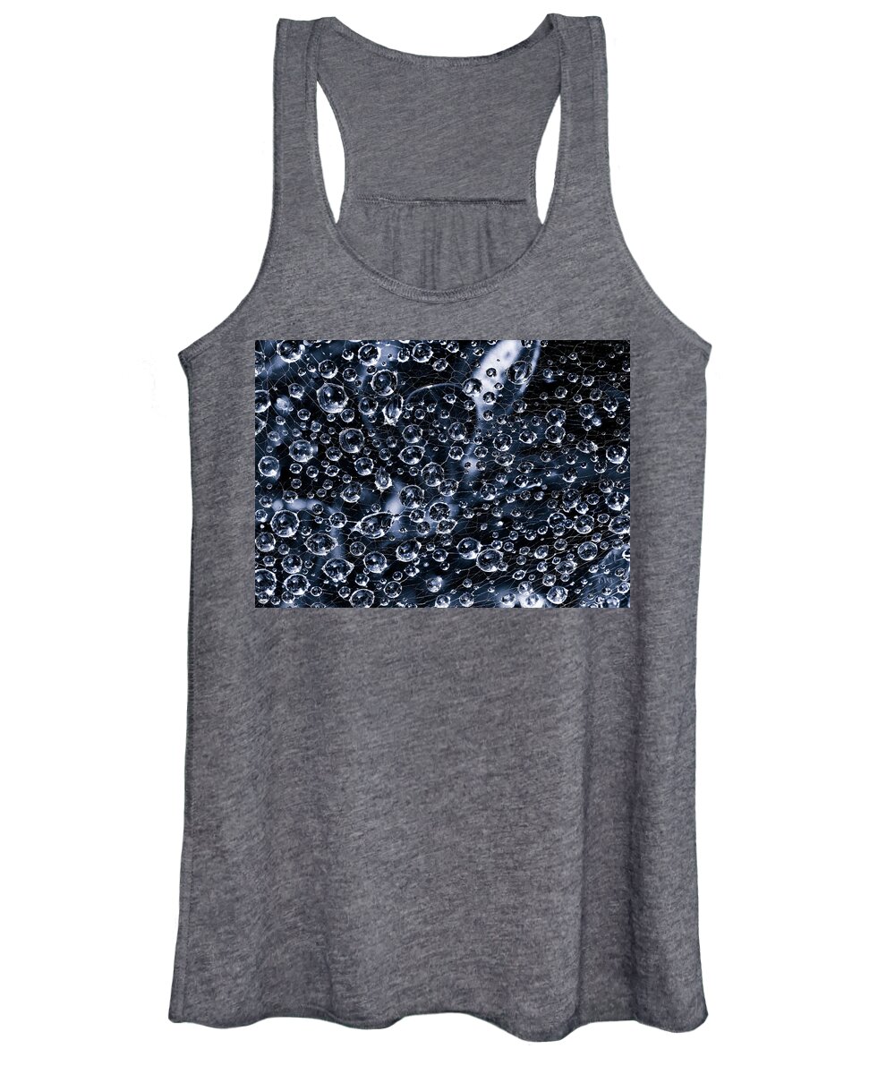 Clinging Women's Tank Top featuring the photograph Cyanotype Spider Web Close-up with Dew Drops by Charles Floyd