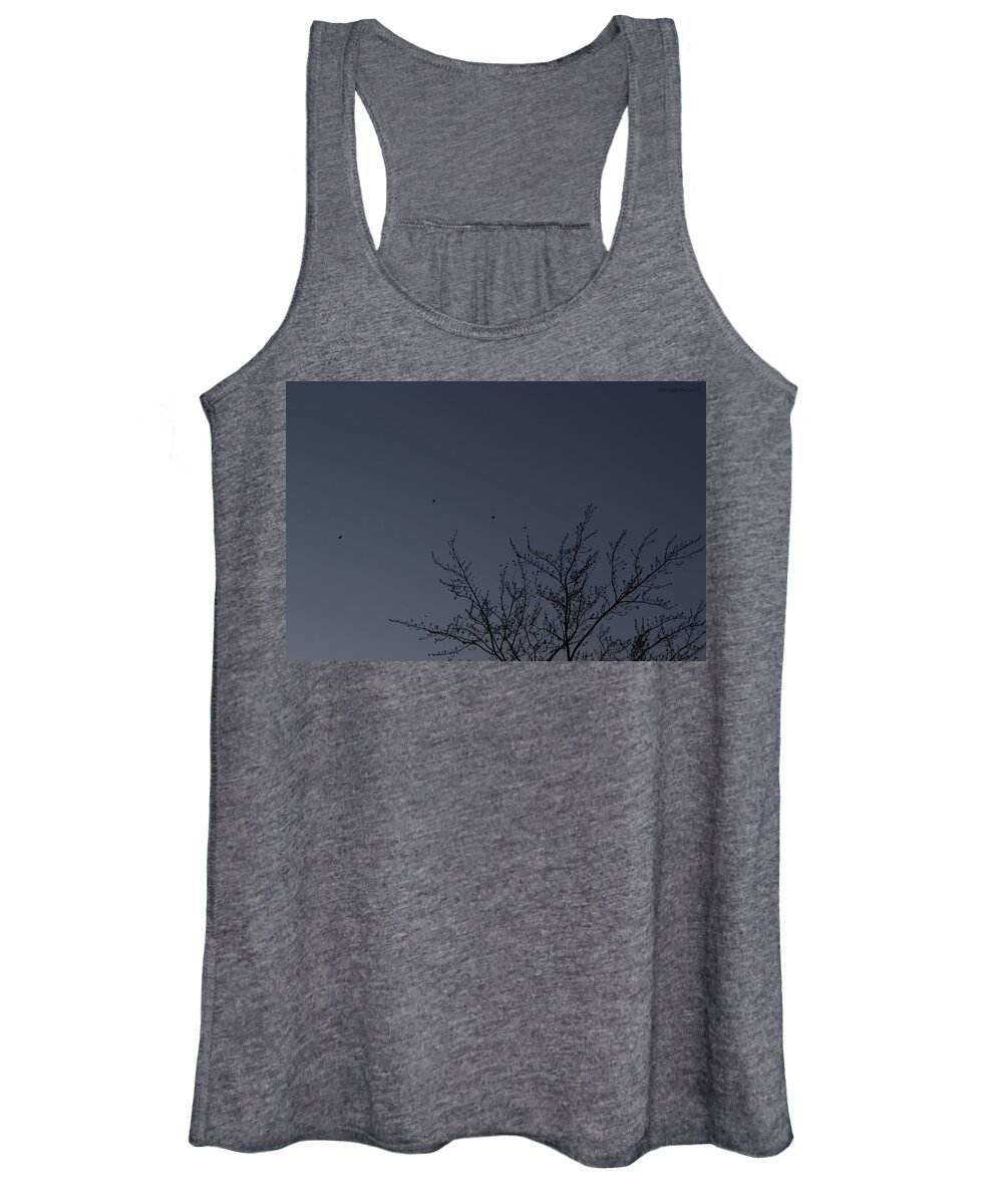  Dark Blue Morning Sunrise Dawn Birds Flying Robins Grey-blue Blue-gray Subtle Colors Women's Tank Top featuring the photograph Dawn Sky Dotted with Robins March 3, 2021 by Miriam A Kilmer