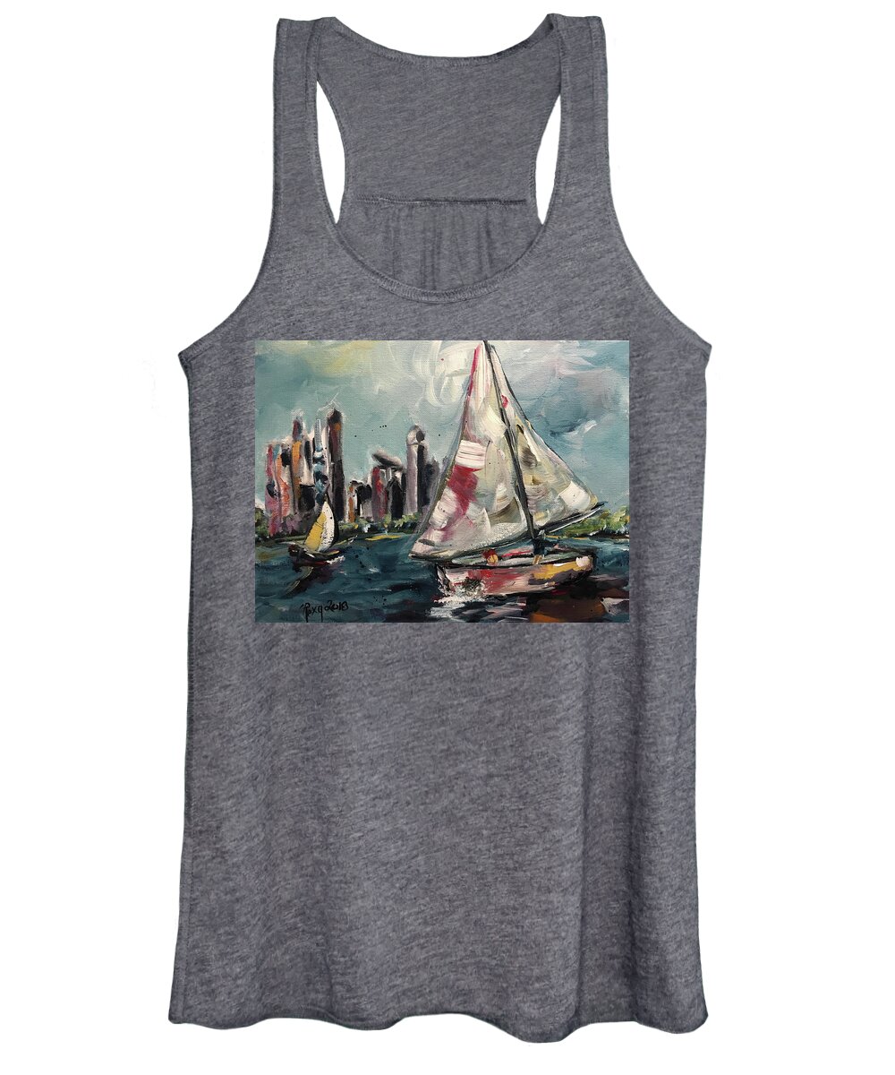 Sailboats Women's Tank Top featuring the painting Daytime Sailing Chicago by Roxy Rich