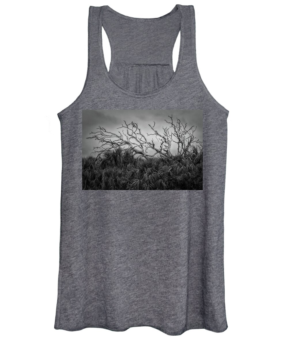 B&w Women's Tank Top featuring the photograph Dead Trees and Palmettos by Mike Schaffner