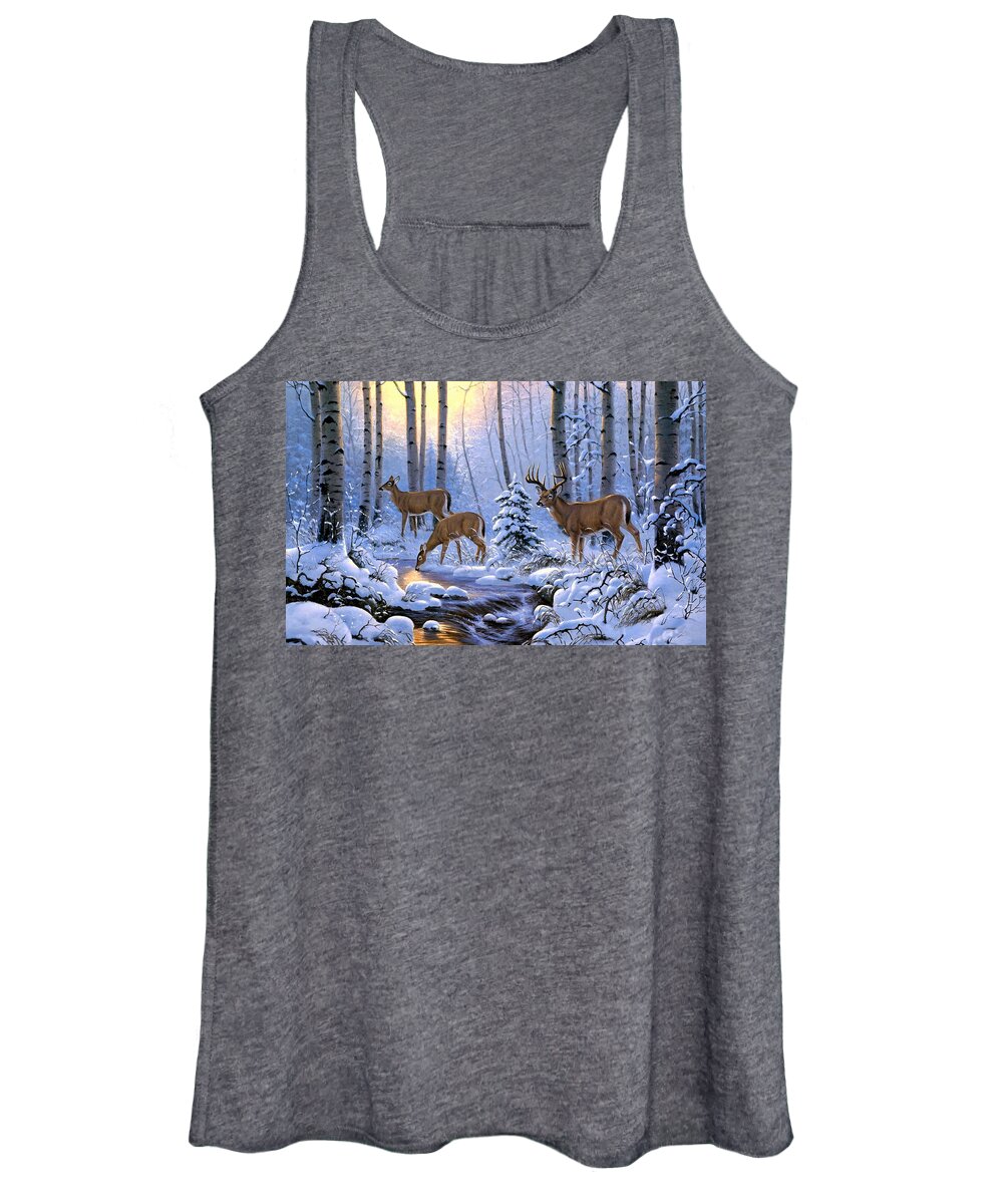 Deer Family Women's Tank Top featuring the mixed media A Deer Family Winter Sunrise Scene by Sandi OReilly