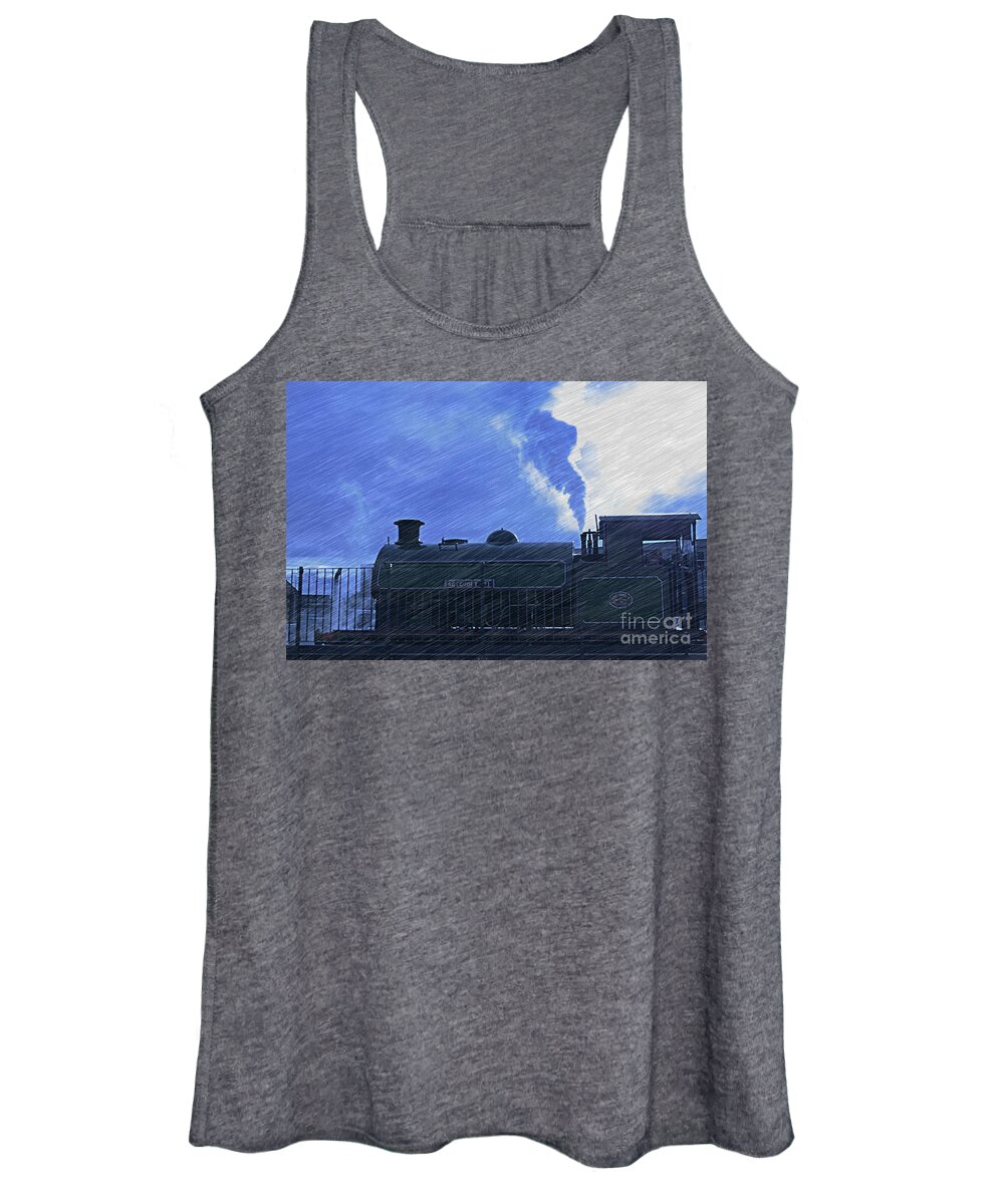 Picstonys Women's Tank Top featuring the photograph Digital art of a steam train with a pencil drawing effect by Pics By Tony