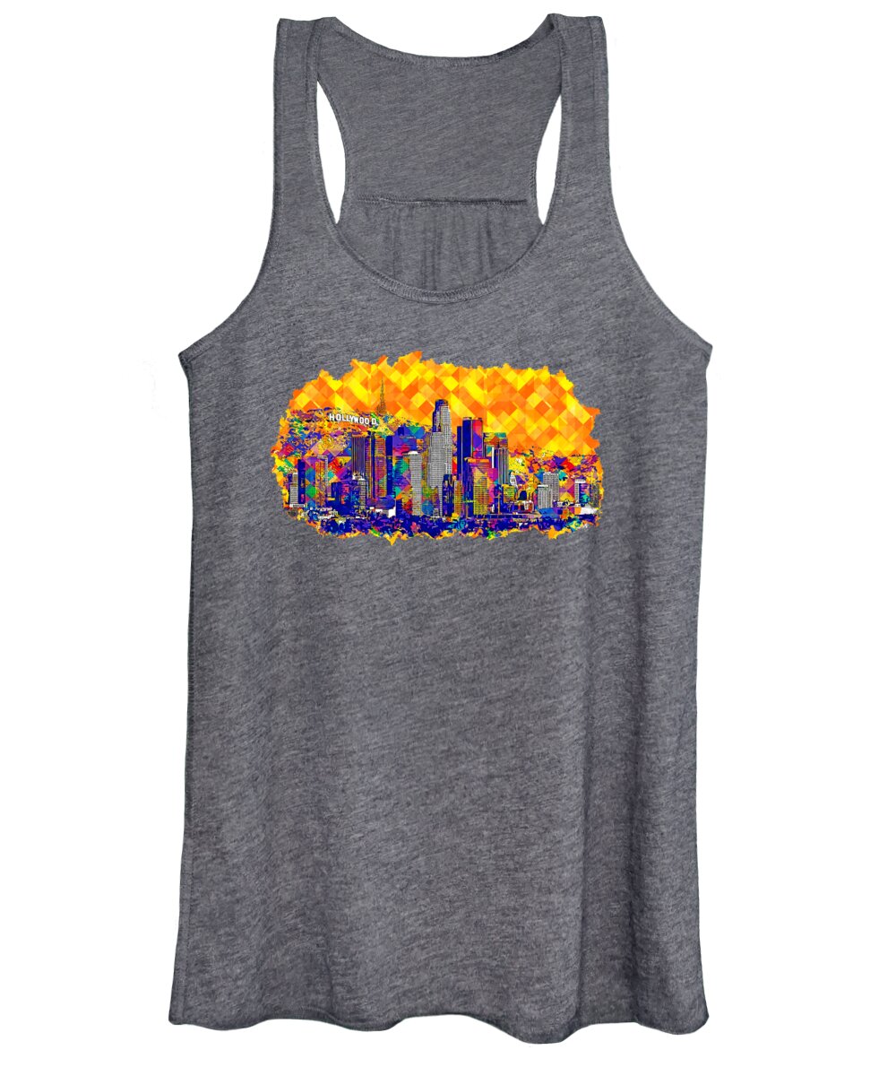 Los Angeles Women's Tank Top featuring the digital art Downtown Los Angeles skyline with the Hollywood sign in the background - colorful digital painting by Nicko Prints