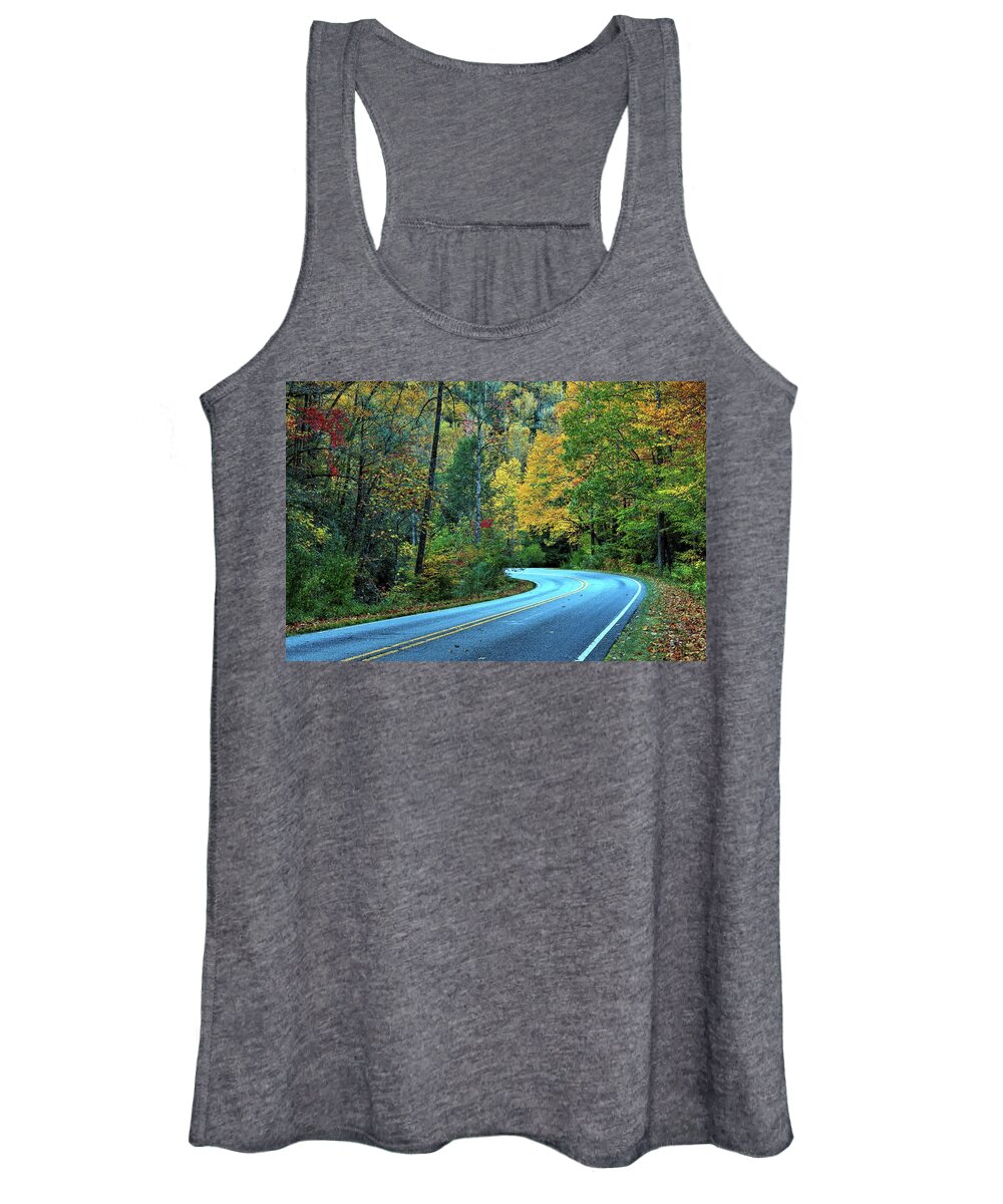 Pisgah Forest Stone Bridge In Fall Women's Tank Top featuring the photograph Driving Pisgah National Forest Hwy 276 in Autumn by Carol Montoya
