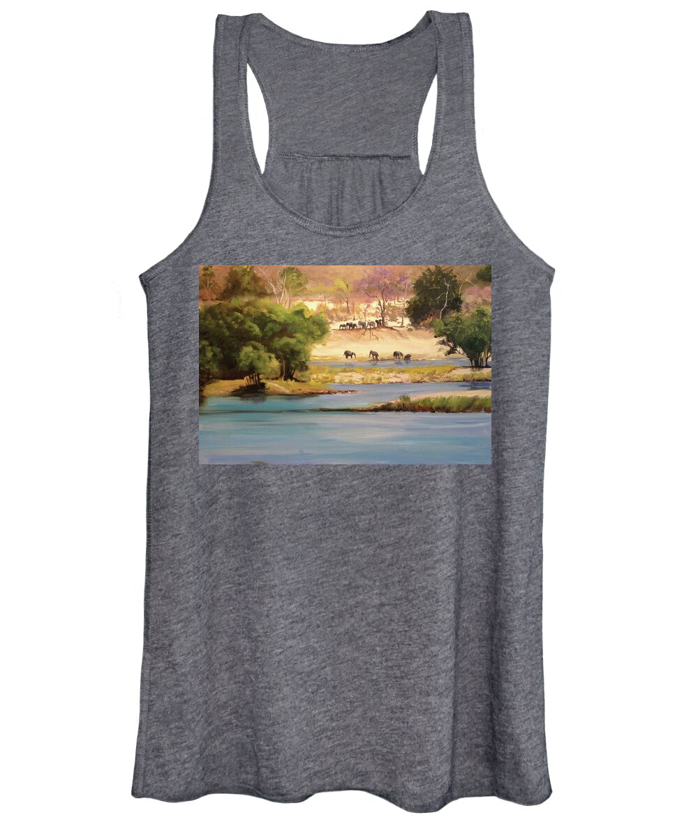 Water Women's Tank Top featuring the painting Elephant Watering Hole by Judy Rixom