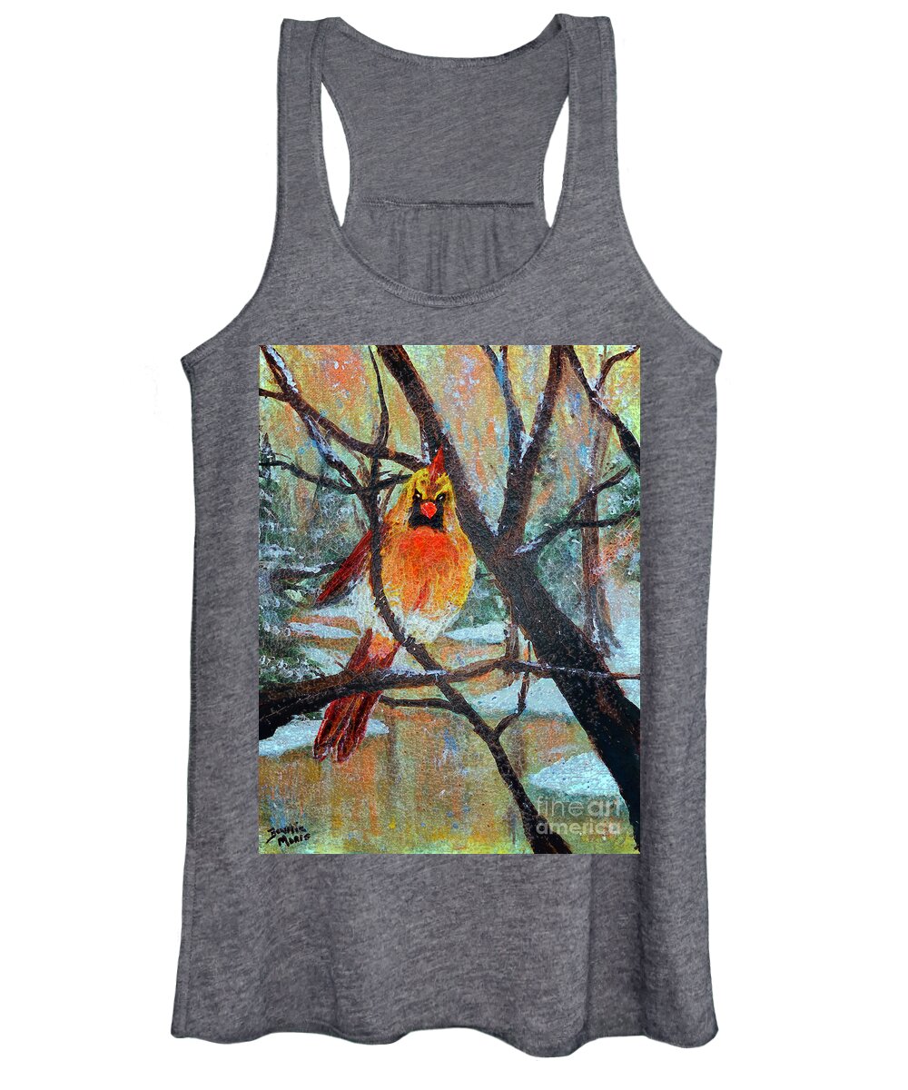 Ms. Cardinal Keeping Warm In A Snowstorm Women's Tank Top featuring the painting Female Cardinal keeping warm in a snowstorm by Bonnie Marie