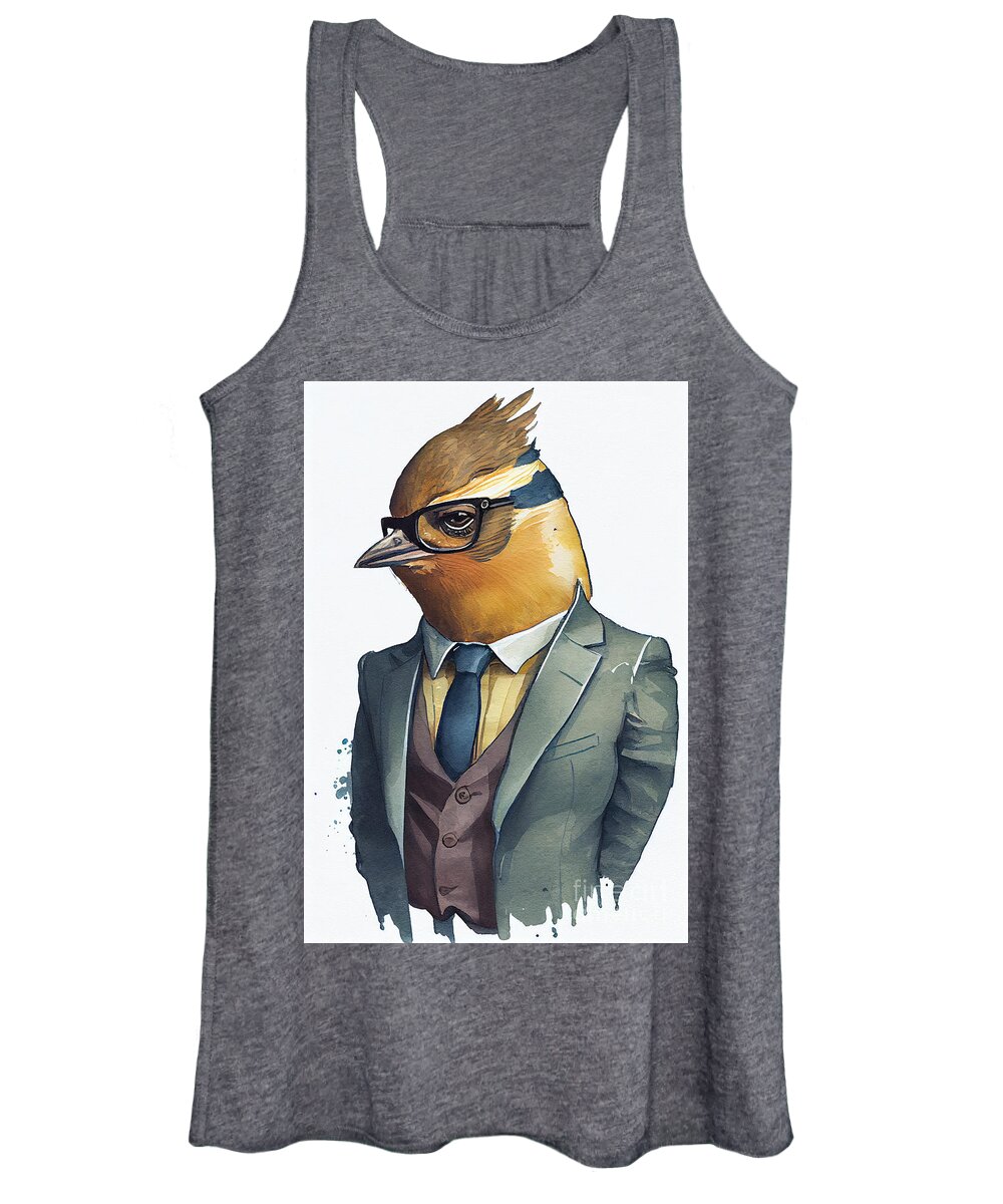 Finch Women's Tank Top featuring the painting Finch in Suit Watercolor Hipster Animal Retro Costume by Jeff Creation