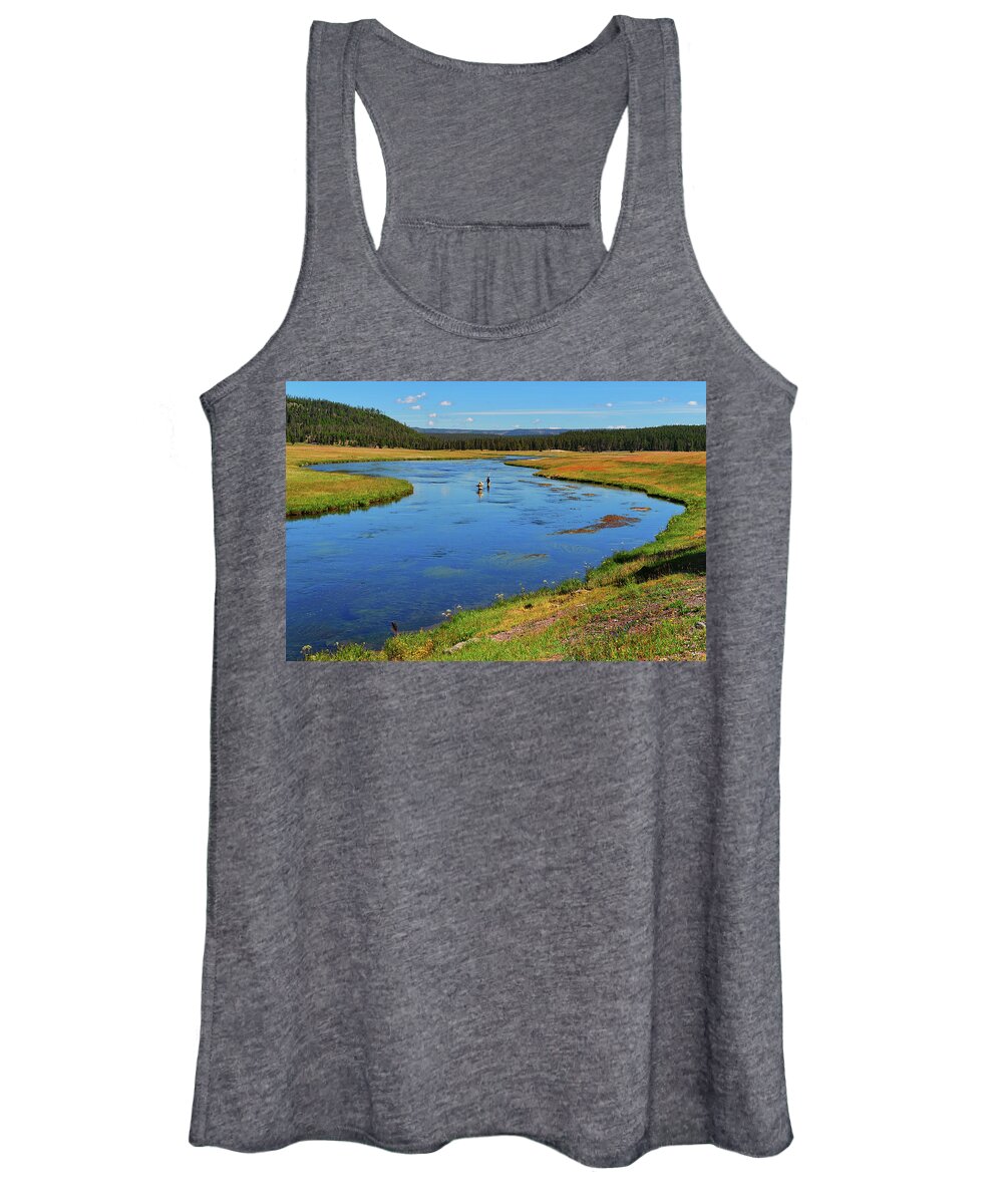 Firehole River Women's Tank Top featuring the photograph Firehole Fly Fishing by Greg Norrell