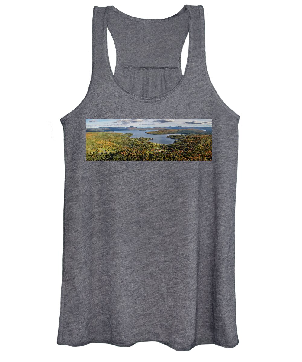  Women's Tank Top featuring the photograph First Connecticut Lake Pittsburg NH Panorama - September 2021 by John Rowe