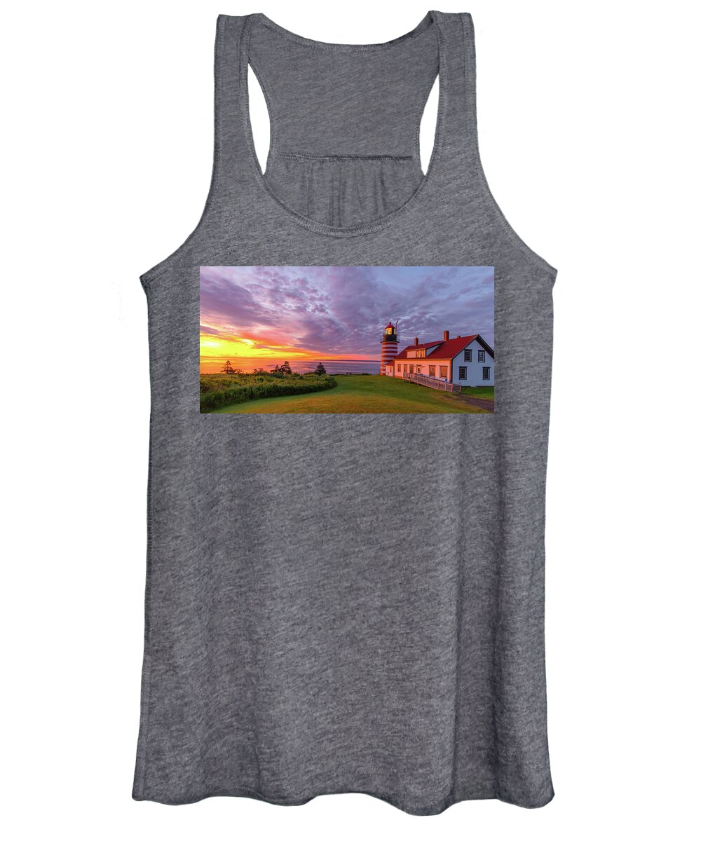 Maine Women's Tank Top featuring the photograph First Light at West Quody Head Lighthouse by Donna Twiford