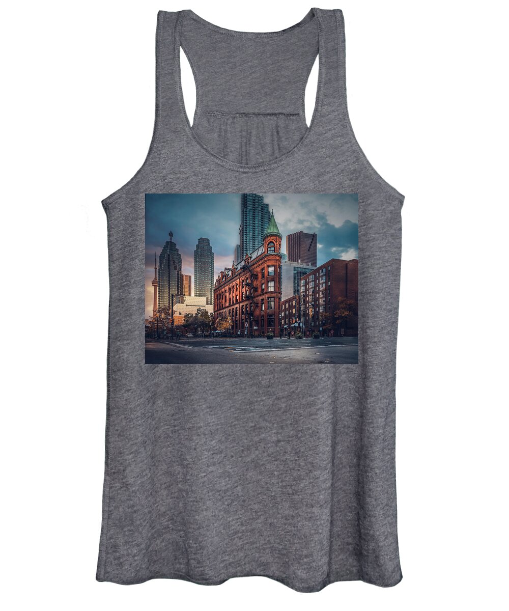 Gooderham Building Women's Tank Top featuring the photograph Flatiron Building Toronto - Urban Sunset - DS Cinematic by Dee Potter