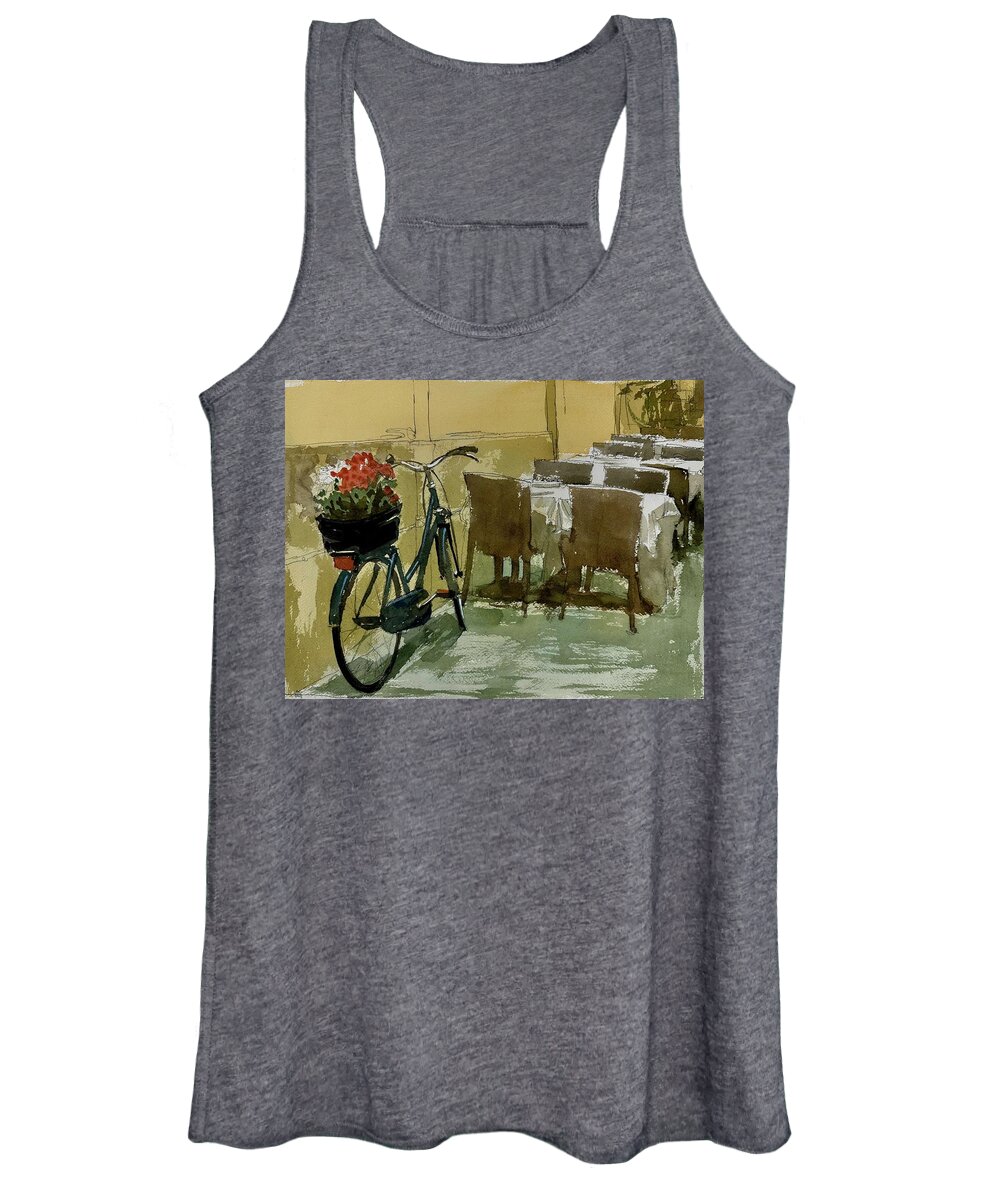 Italy Bicycle Flower Basket Restaurant Women's Tank Top featuring the painting Flower Basket by Stephen Rutherford