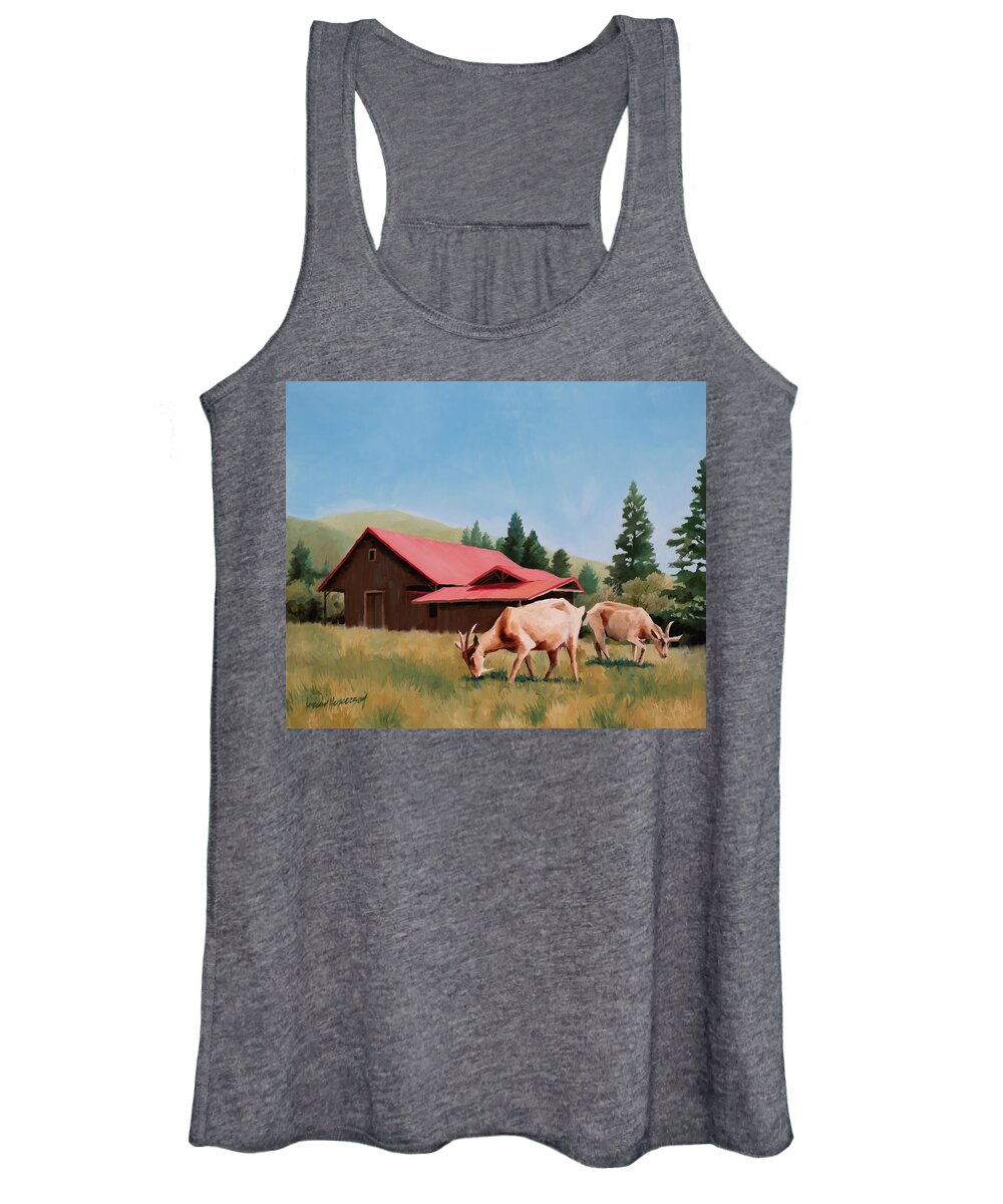 Goats Women's Tank Top featuring the painting Goats Grazing by Barn by Jordan Henderson