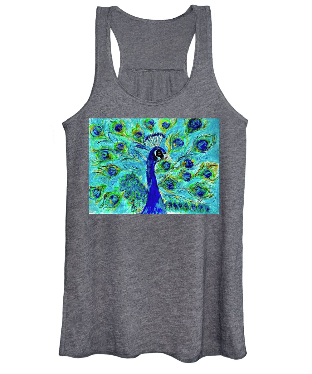 Peacock Women's Tank Top featuring the painting Bird of Gold and Blue Plumage by Melody Fowler
