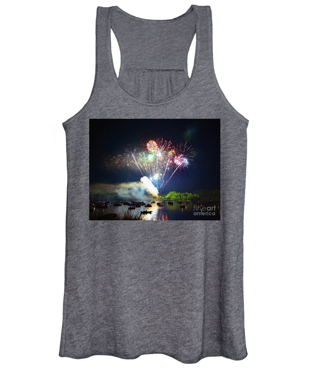 Belews Lake Women's Tank Top featuring the photograph Grande Finale of Fireworks Over The Lake 2 by Sandi OReilly