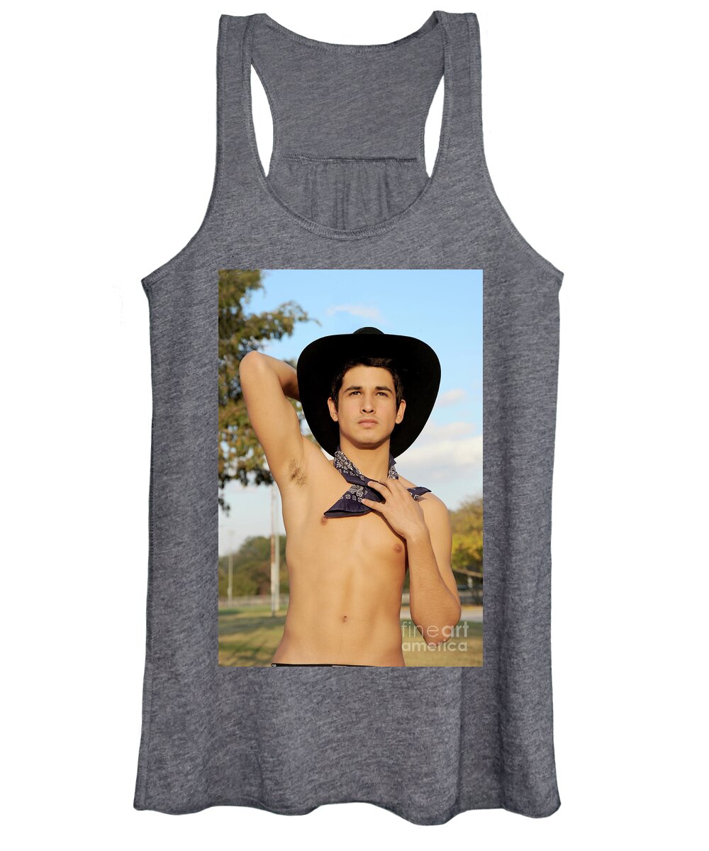 Body Women's Tank Top featuring the photograph Handsome hispanic cowboy is wearing a black cowboy hat by Gunther Allen